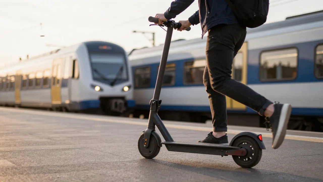 Person klappt einen E-Scooter auf einem Bahnhofsplatz für die letzte Meile aus.