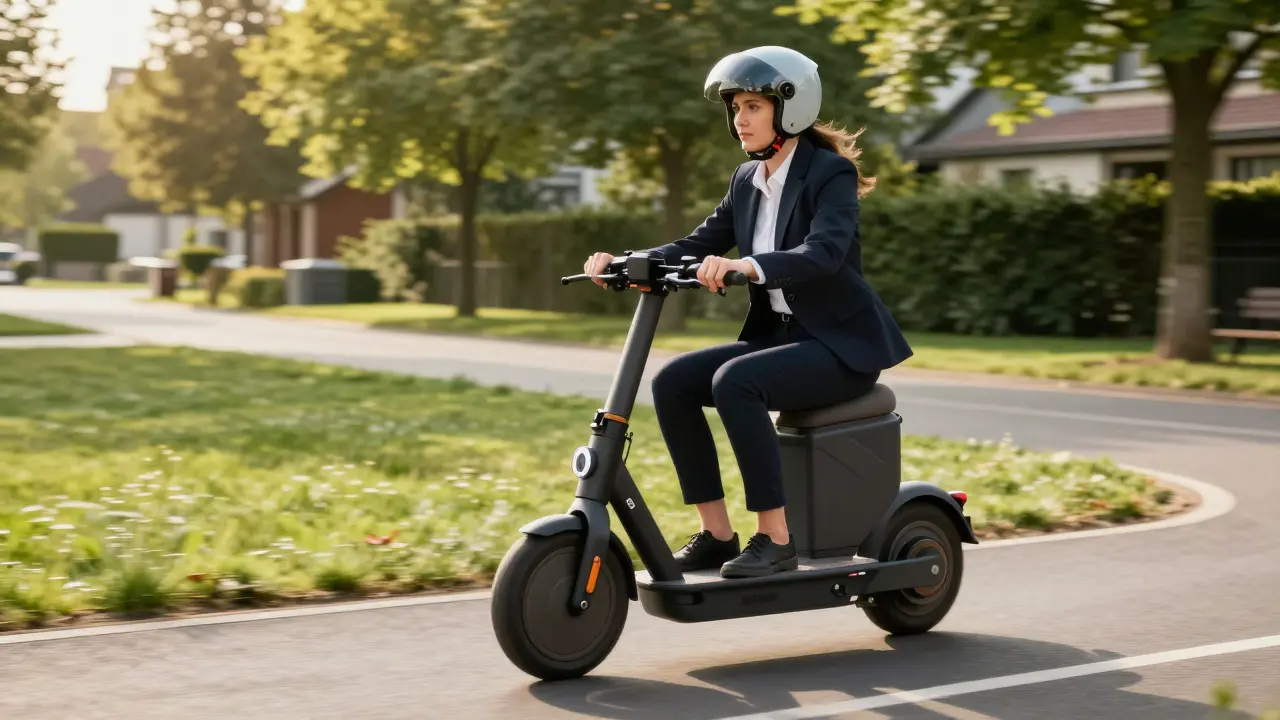 Person mit Helm fährt auf einem privaten E-Roller sicher über einen Radweg.