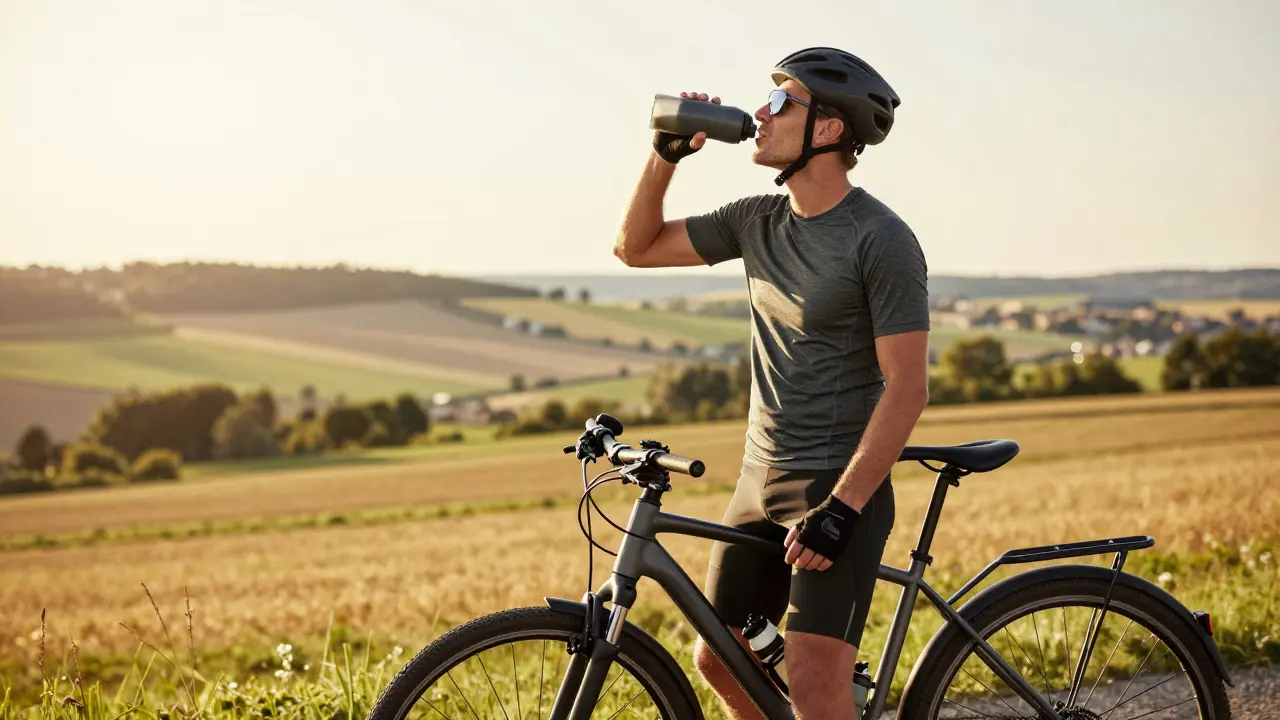 Radfahrer macht eine Pause mit seinem E-Bike in einer sonnigen Landschaft