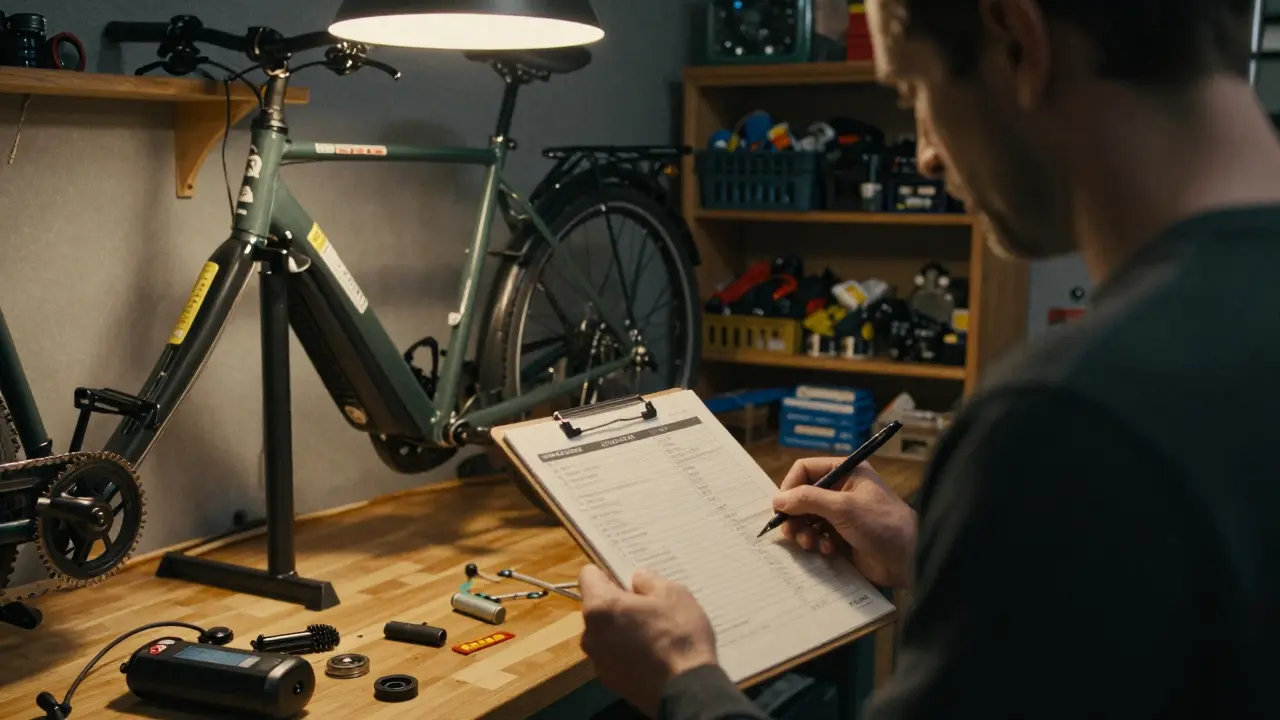 Radfahrer prüft Gebrauchtfahrrad in Werkstattumgebung