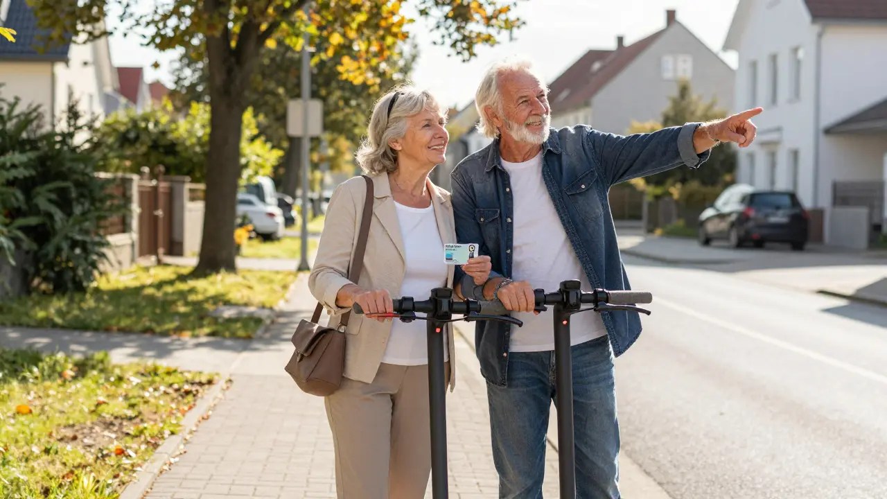 Seniorenpaar mit Elektroroller in einer deutschen Wohnstraße