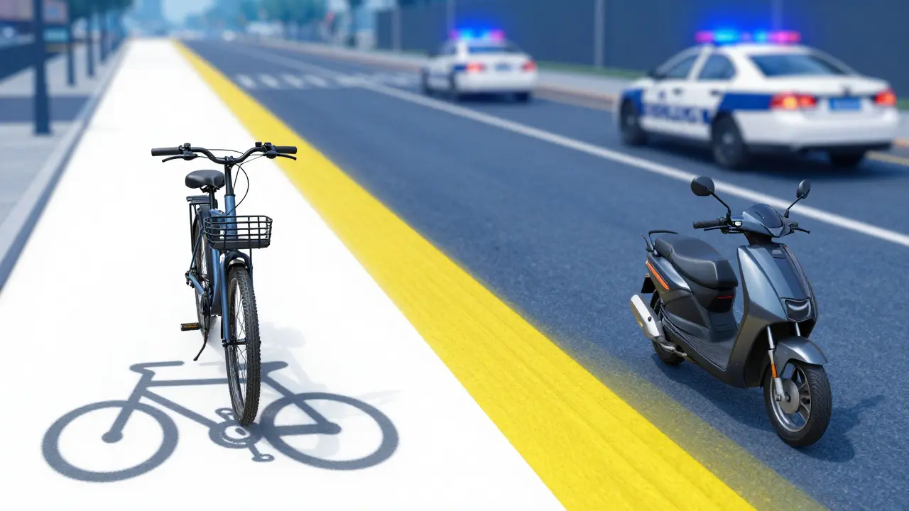 Symbolische Darstellung der rechtlichen Grenze zwischen Fahrrad und Kraftfahrzeug.