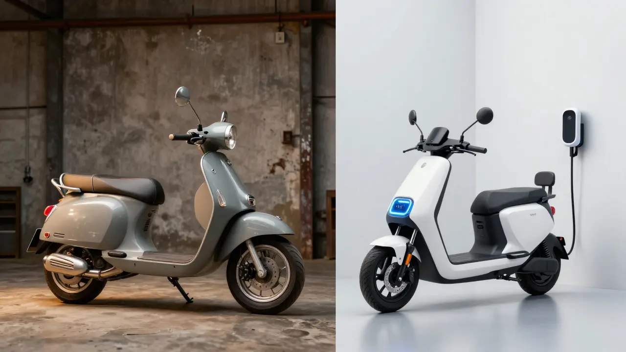 Vergleich zwischen einem klassischen Benzinroller und einem modernen Elektro-Roller an einer Ladestation.