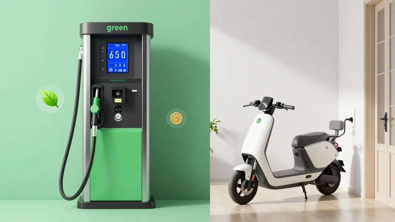 Vergleich zwischen einer teuren Zapfsäule und einem günstig ladenden E-Scooter.