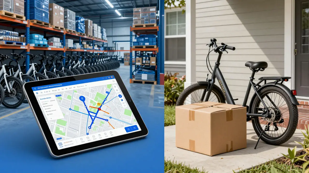 Vergleich zwischen professioneller E-Bike-Logistik und einer Online-Bestellung an einer Haustür.