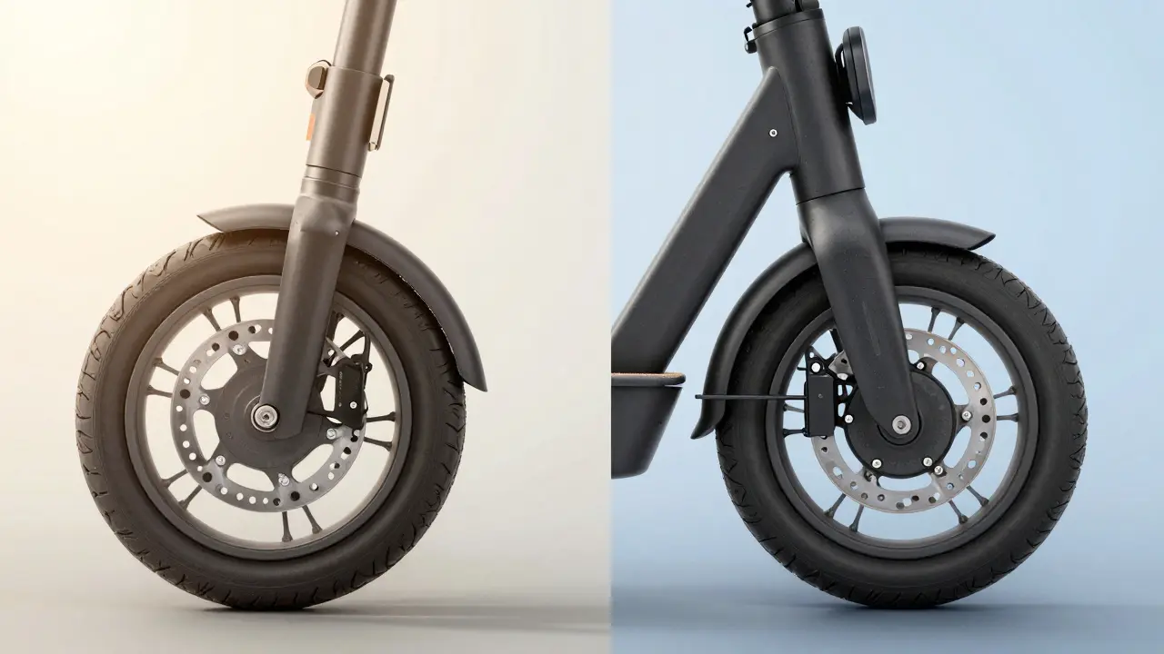 Vergleichsansicht eines E-Scooters mit Scheibenbremse vorne und Trommelbremse hinten.
