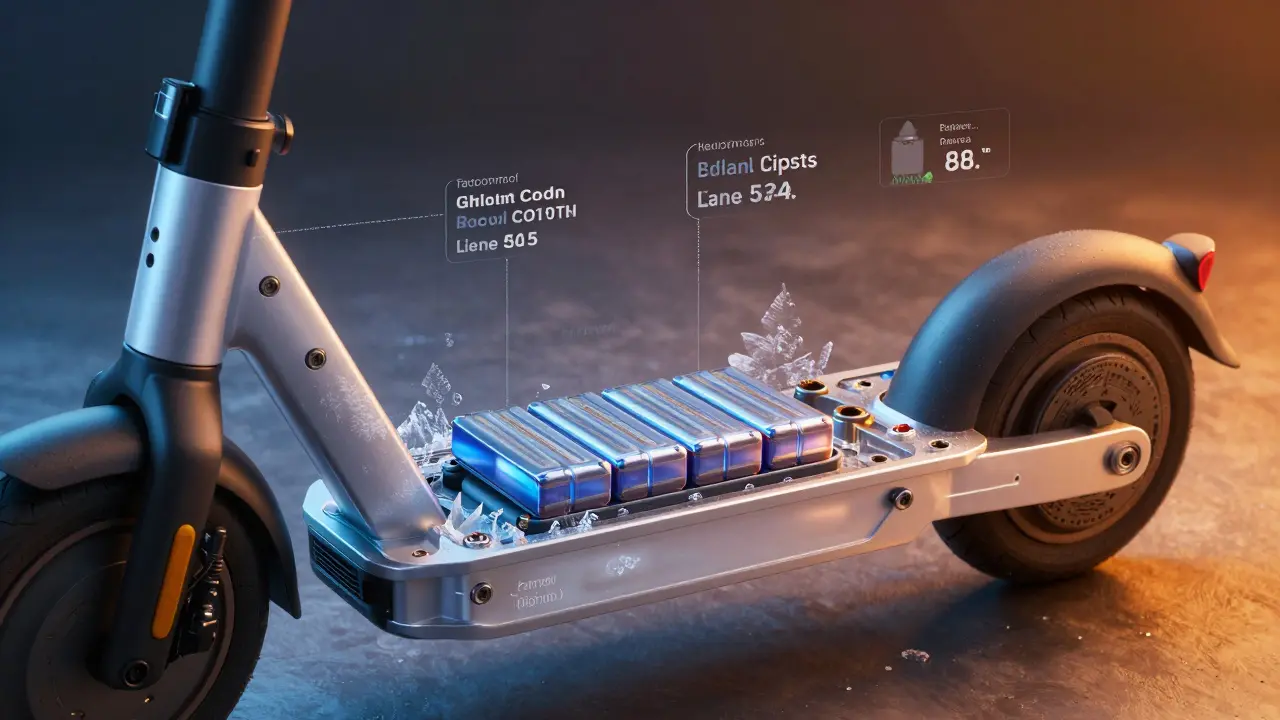 Detailansicht von Akku und Rahmen eines Elektrorollers