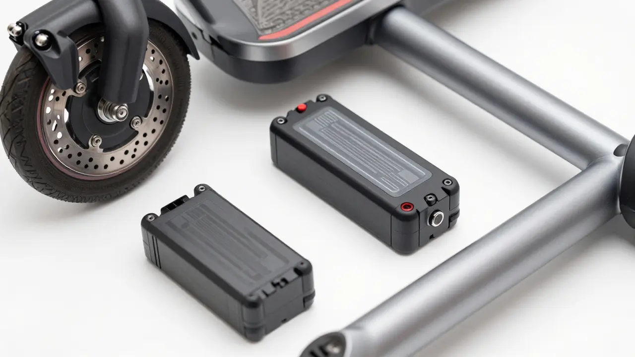 Detailaufnahme von hochwertigen E-Roller-Bauteilen wie Bremse und Akku