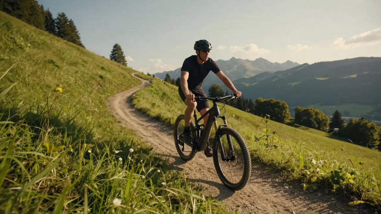 E-Bike-Fahrer schaltet vorausschauend vor einer steilen Berganstiegsstelle