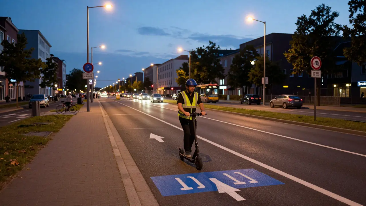 E-Roller-Fahrer in Busspur bei Dämmerung mit reflektierender Kleidung