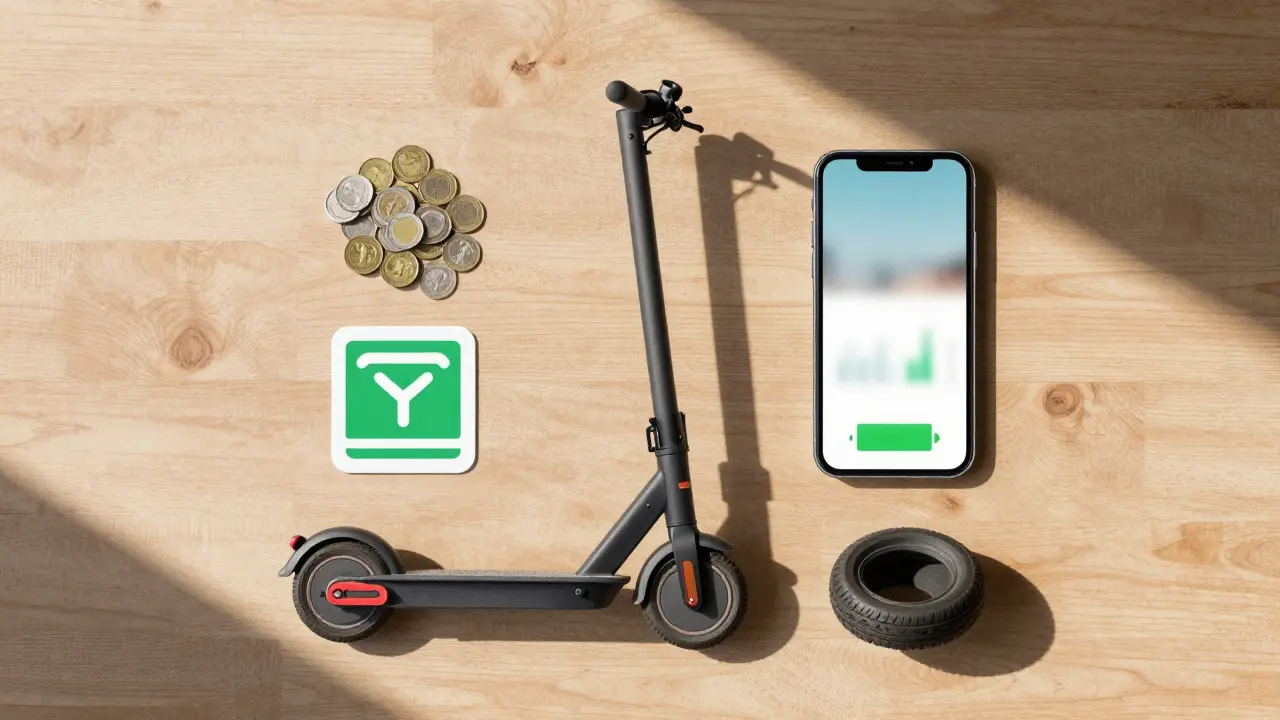 E-Roller mit Symbolen für versteckte Kosten wie Versicherung und Wartung