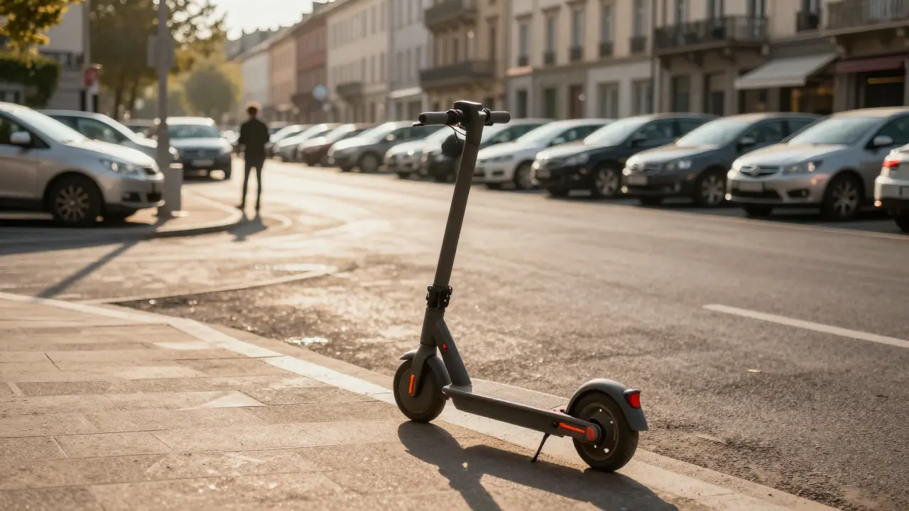 E-Roller parkt leicht neben Bordstein, Autos suchen Parkplatz