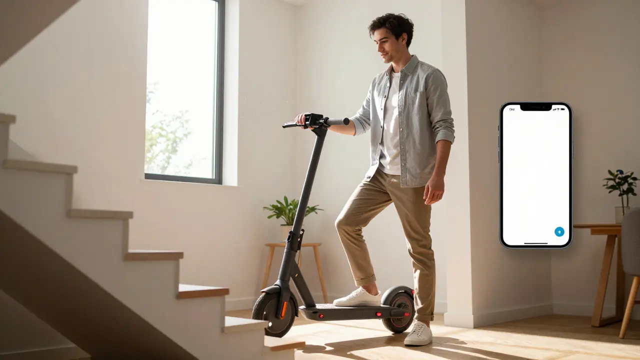 Eine Person trägt einen leichten E-Scooter die Treppe hinauf in einer modernen Wohnung.
