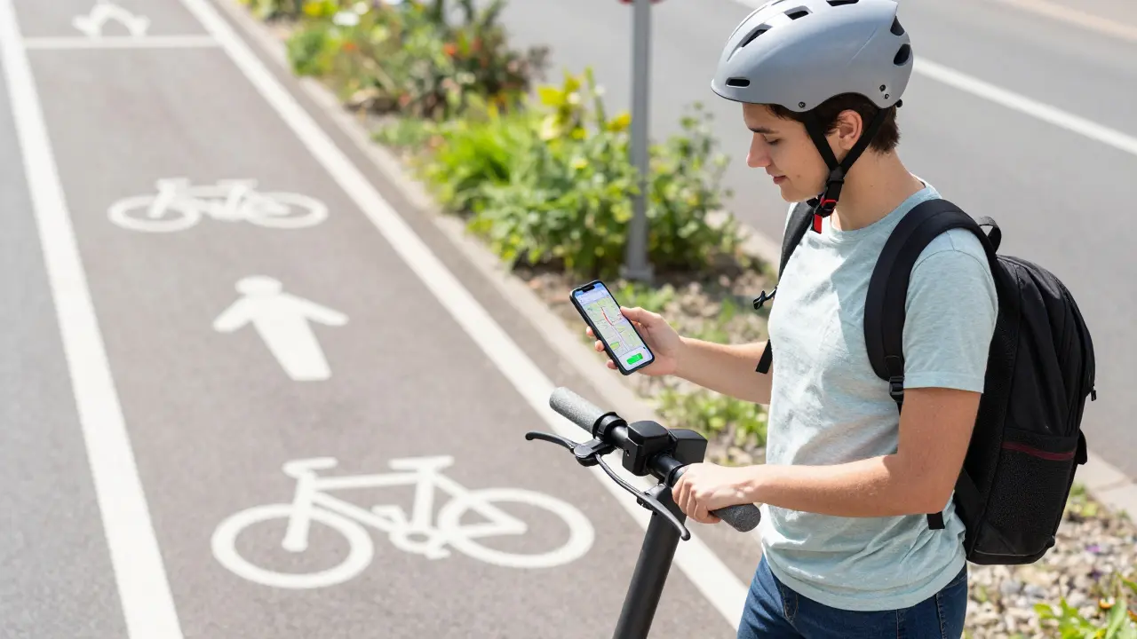 Fahrer mit Helm und App bei einem gesicherten Elektroroller