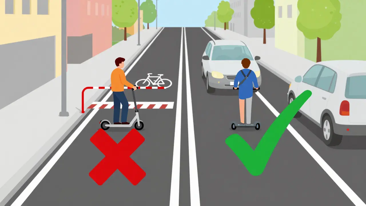 Grafik: E-Roller verboten auf Radweg, erlaubt auf Fahrbahn