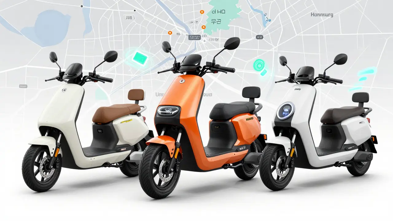 Illustration der drei Haupt-E-Scooter-Marken: Xiaomi, Kugoo und Niu im Vergleich.