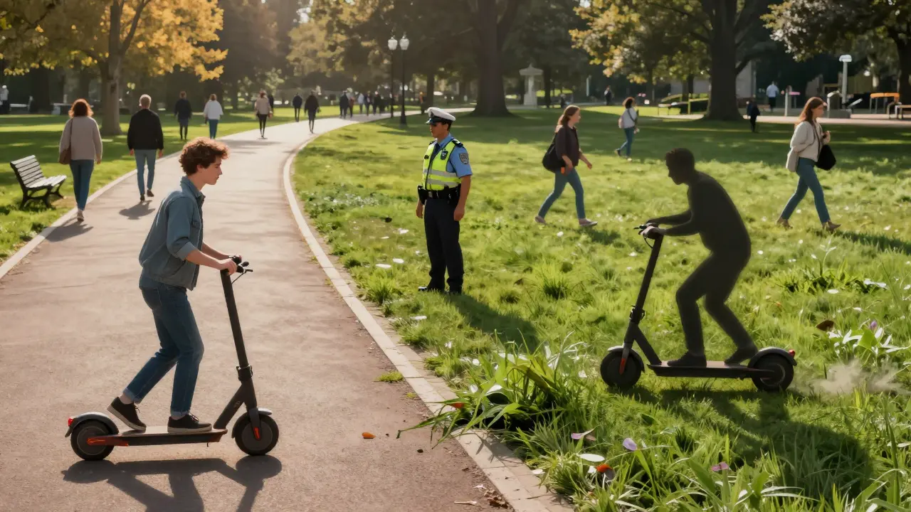 Kontrast zwischen Schieben und Fahren von E-Scootern im Park