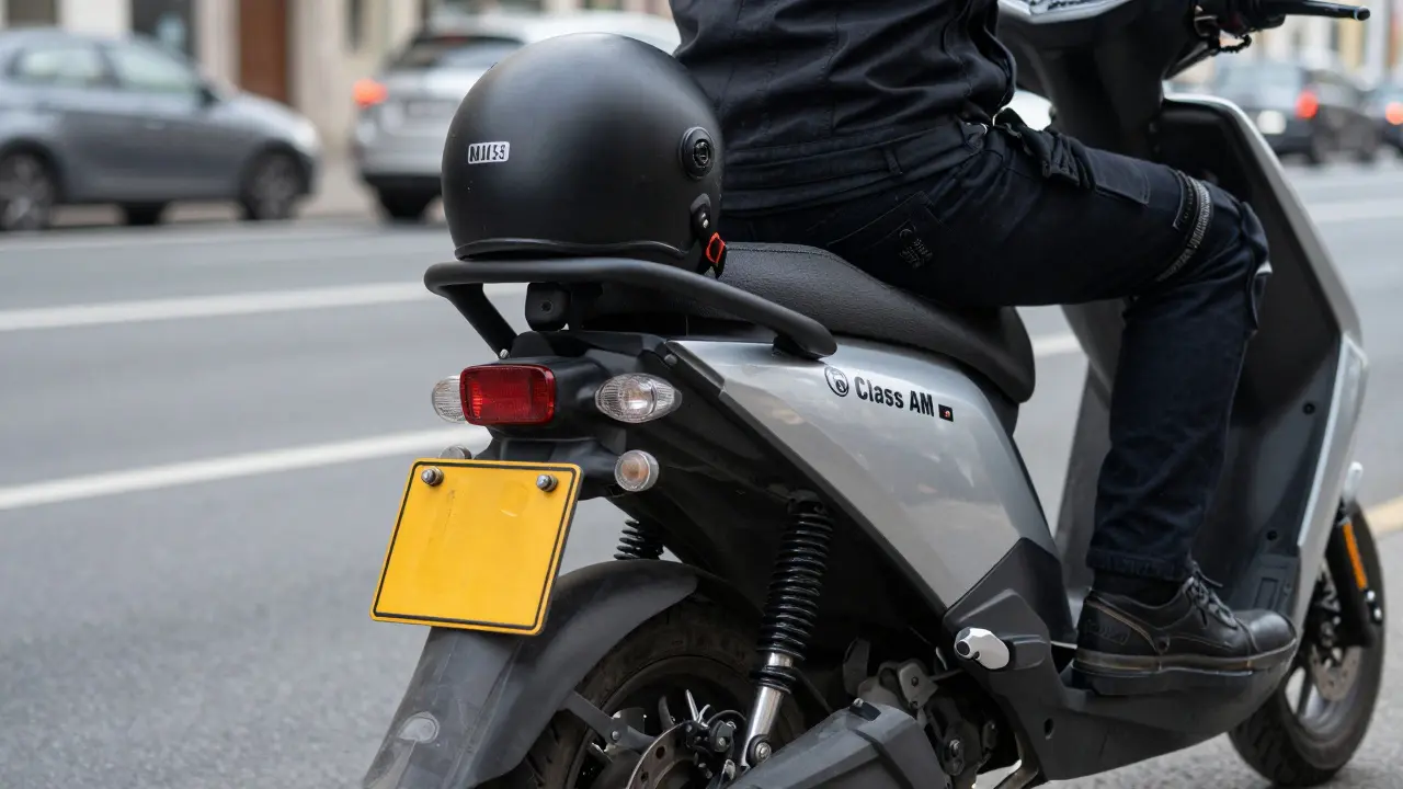 Legales E-Mofa mit gelbem Versicherungskennzeichen und Helm