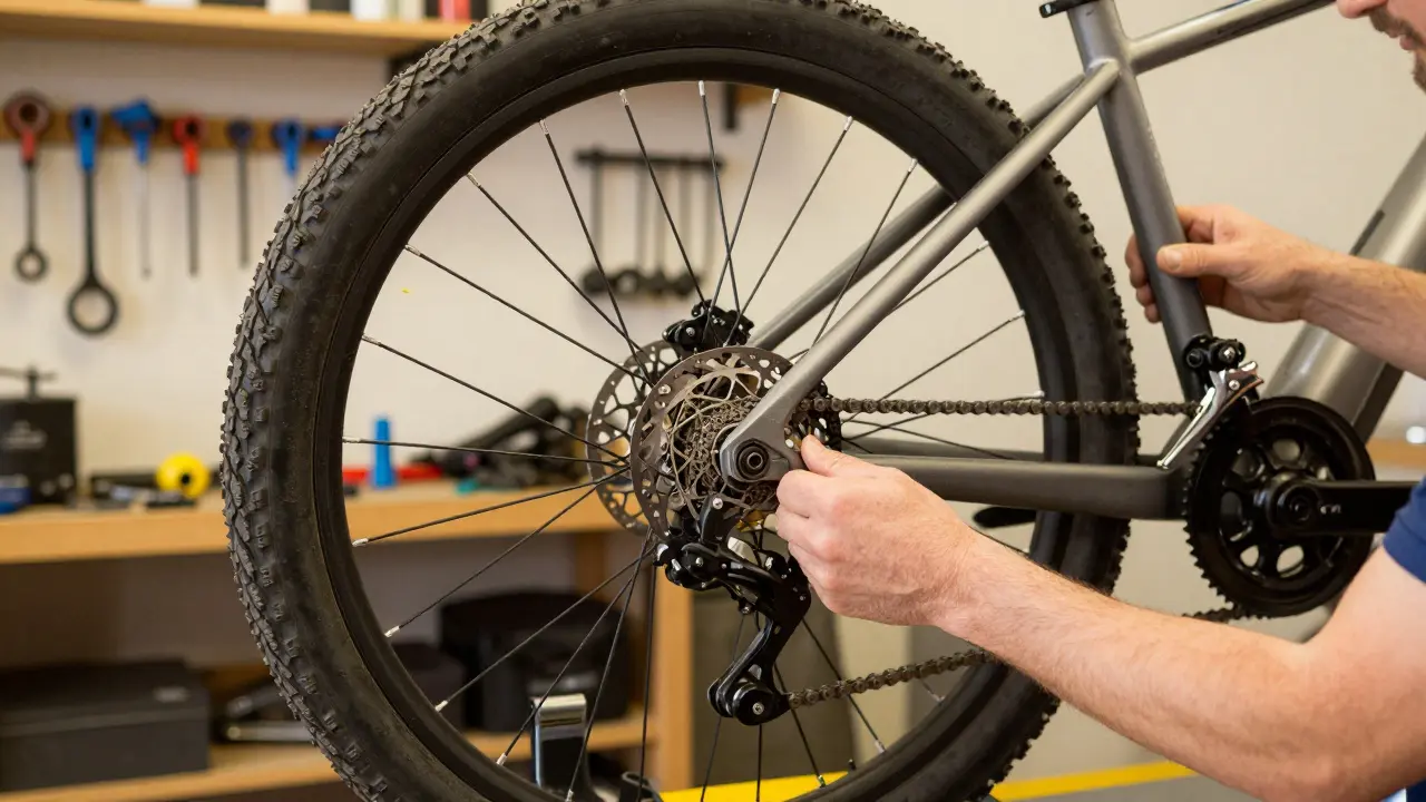 Mechaniker prüft Bremsen und Kette eines E-Bikes in einer Werkstatt