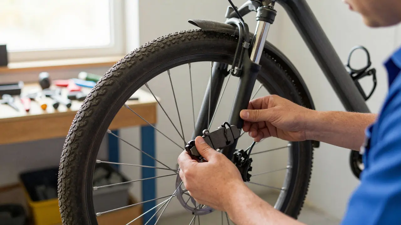 Mechaniker prüft Bremsen und Reifen eines gebrauchten E-Bikes