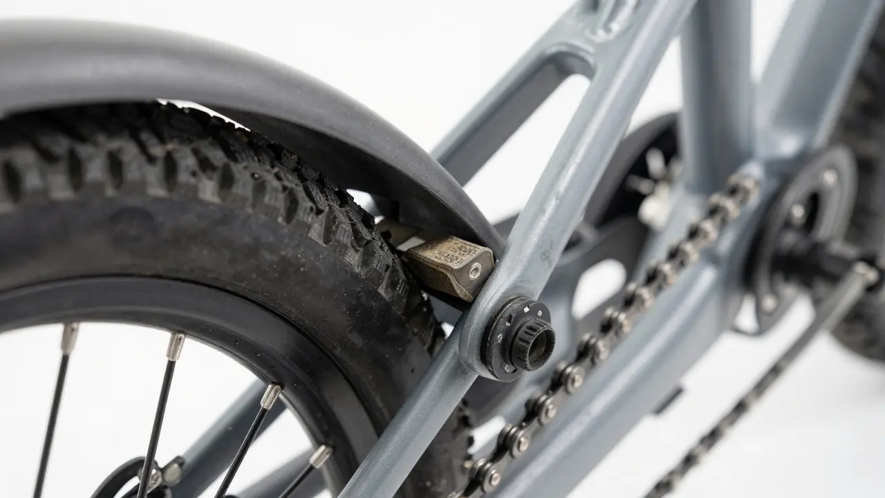 Nahaufnahme der verschlissenen Bremsen und Kette eines E-Bikes