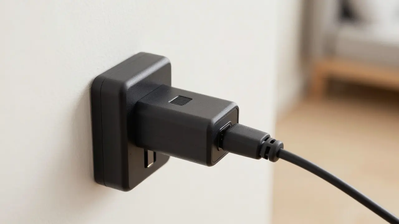 Nahaufnahme eines Elektrorollers beim Laden an der Steckdose