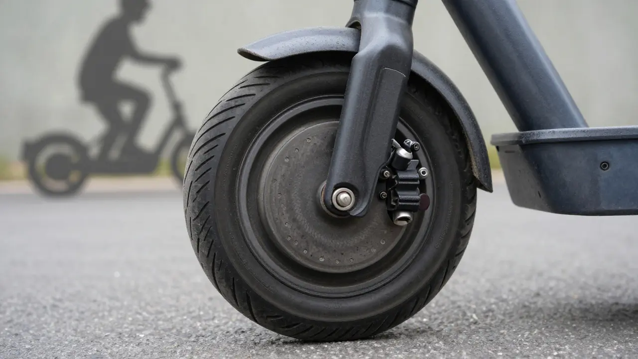 Nahaufnahme von Scooter-Reifen und Rad zur Darstellung des Rollwiderstands