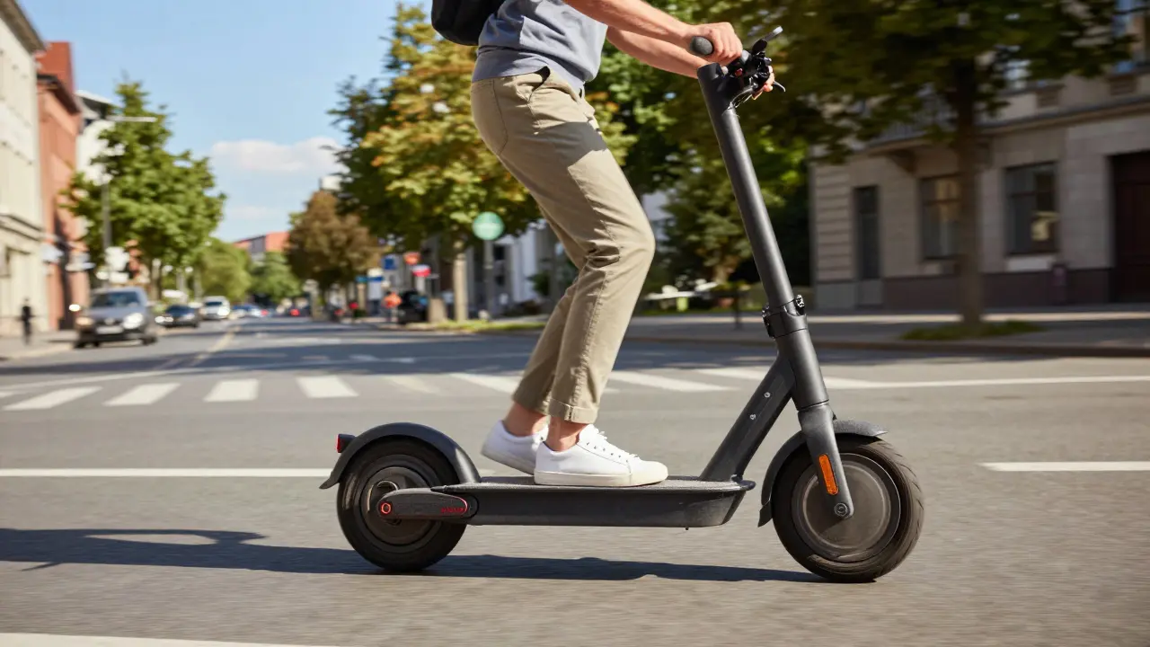 NIU E-Scooter fährt dynamisch durch eine sonnige deutsche Stadt