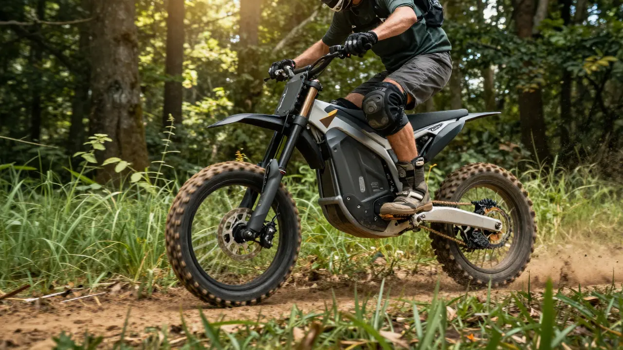 Offroad-E-Scooter im Wald bei der Fahrt über Gras