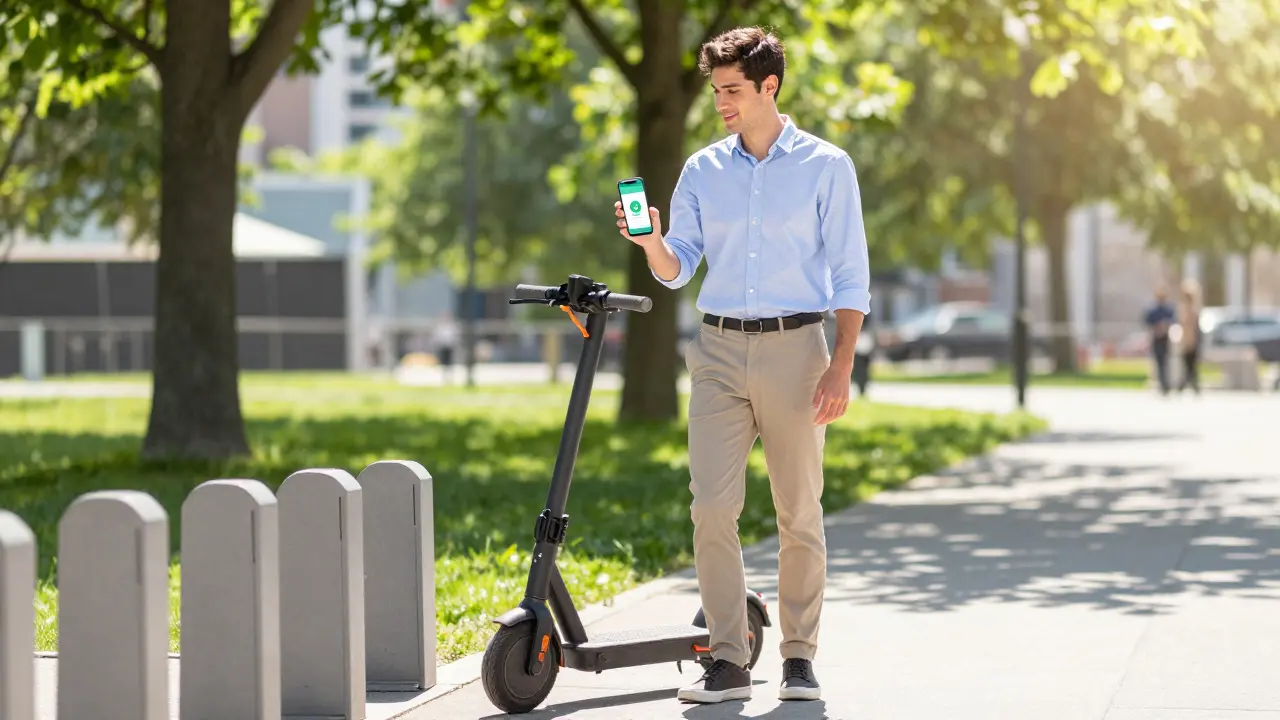 Person mit E-Scooter im Park, die Kostenersparnis und einfaches Parken demonstriert.