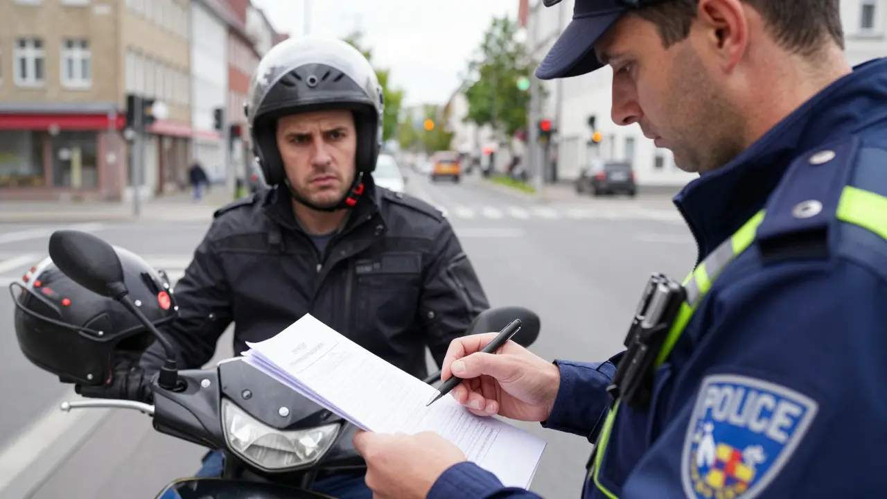 Polizeikontrolle eines Elektrorollers an einer deutschen Straße