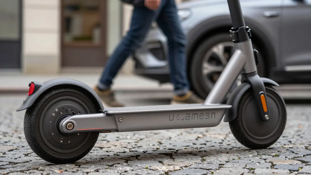 Premium-E-Scooter mit Federung wird in Auto-Kofferraum geladen
