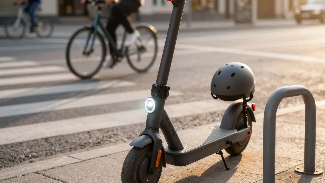 Sicher geparkter E-Roller mit Licht und Helm