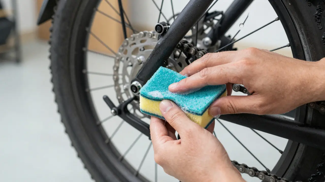 Sorgfältige Reinigung des E-Bike-Motors mit Schwamm