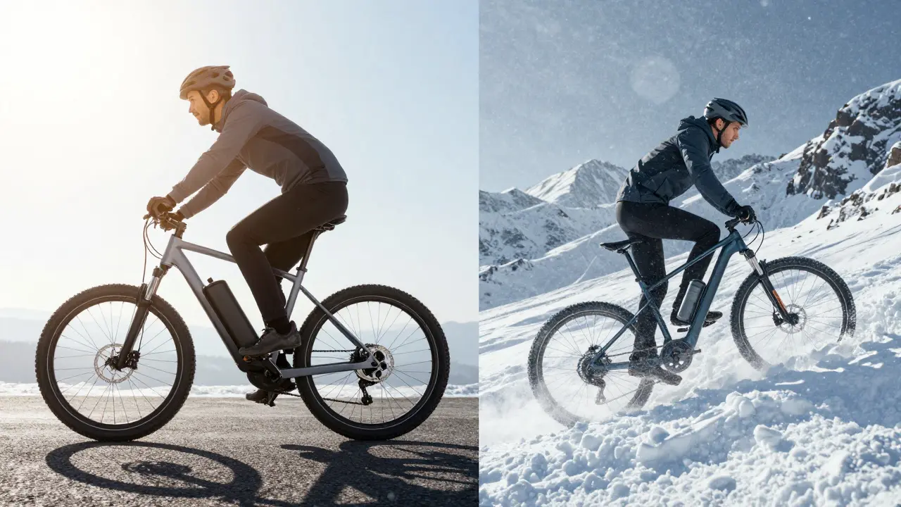 Vergleich: E-Bike-Fahren bei Sonne vs. im Winter bergauf