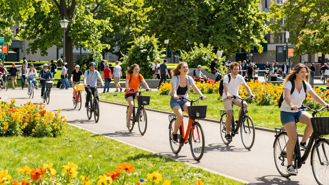Viele E-Bike-Fahrer genießen die Sonne in einem belebten Stadtpark im Sommer