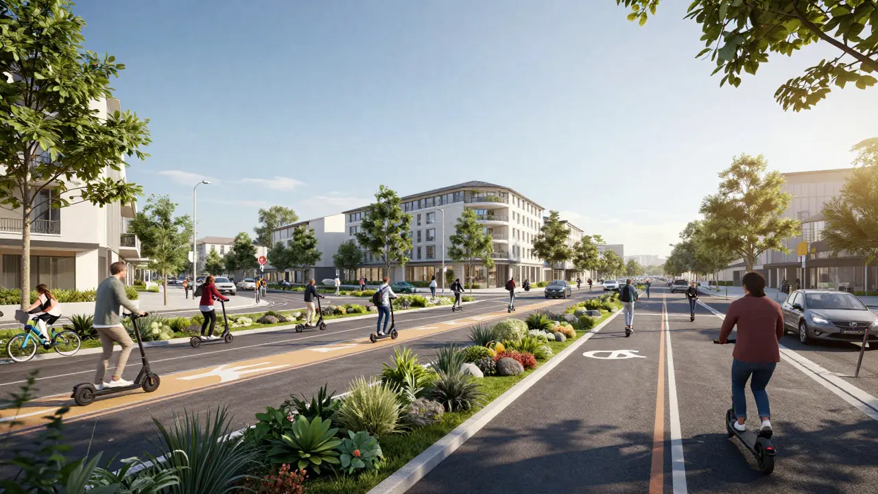Zukunftsvision einer autofreien Stadt mit vielen E-Scootern und grüner Infrastruktur.