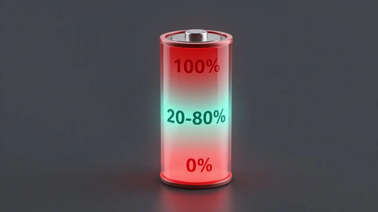 Abstrakte Darstellung der Batteriechemie: rote Stresszonen oben und unten, blaue Idealzone in der Mitte