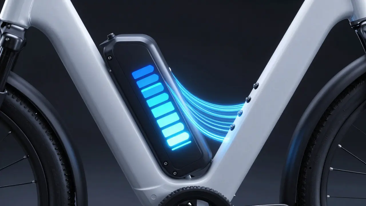 E-Bike-Akku mit visueller Darstellung der Energieeffizienz