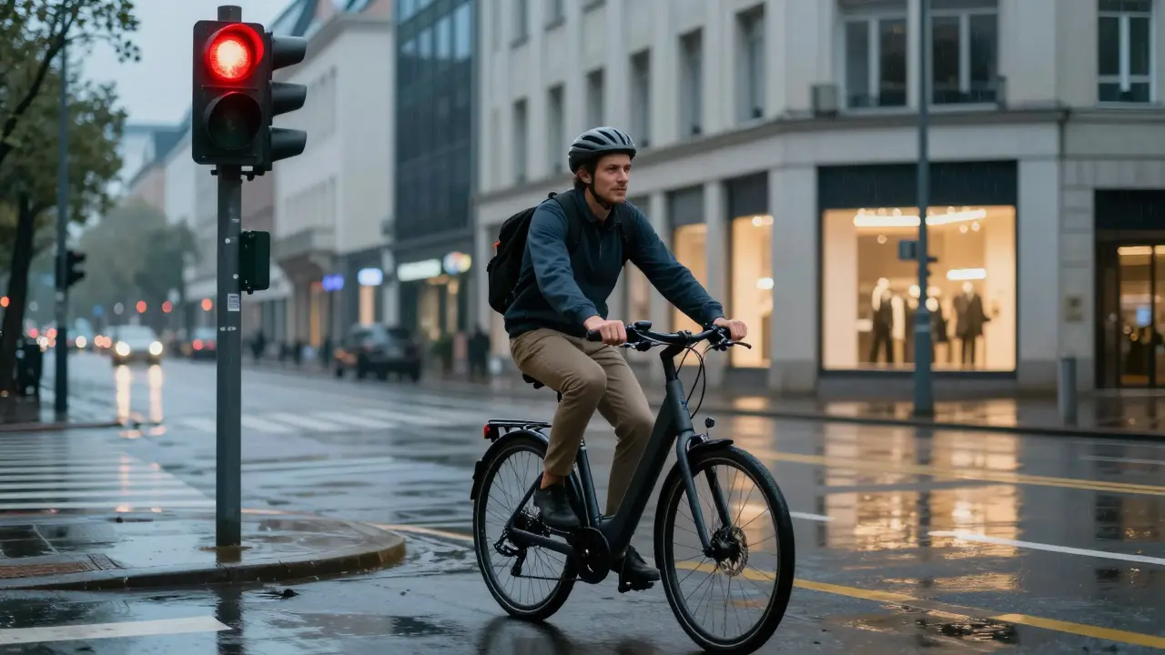 E-Biker schaltet entspannt an der Ampel bei Regen