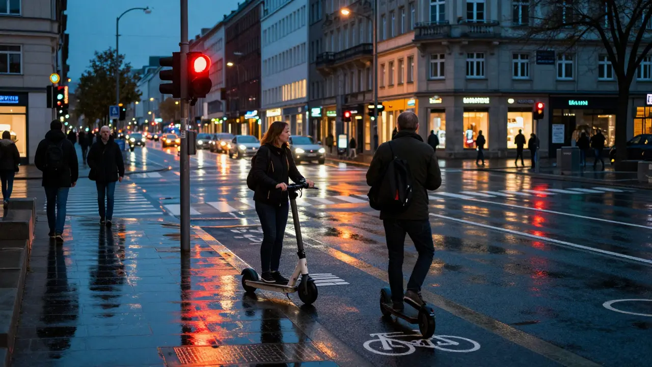 E-Scooter-Fahrer wartet geduldig an roter Ampel im Regen
