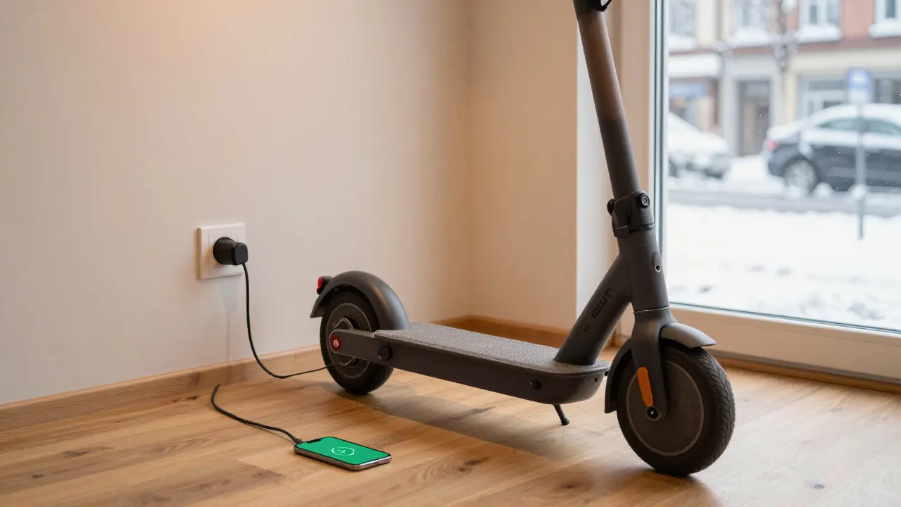 E-Scooter wird drinnen geladen, während draußen Schnee liegt, um die Batterie vor Kälte zu schützen