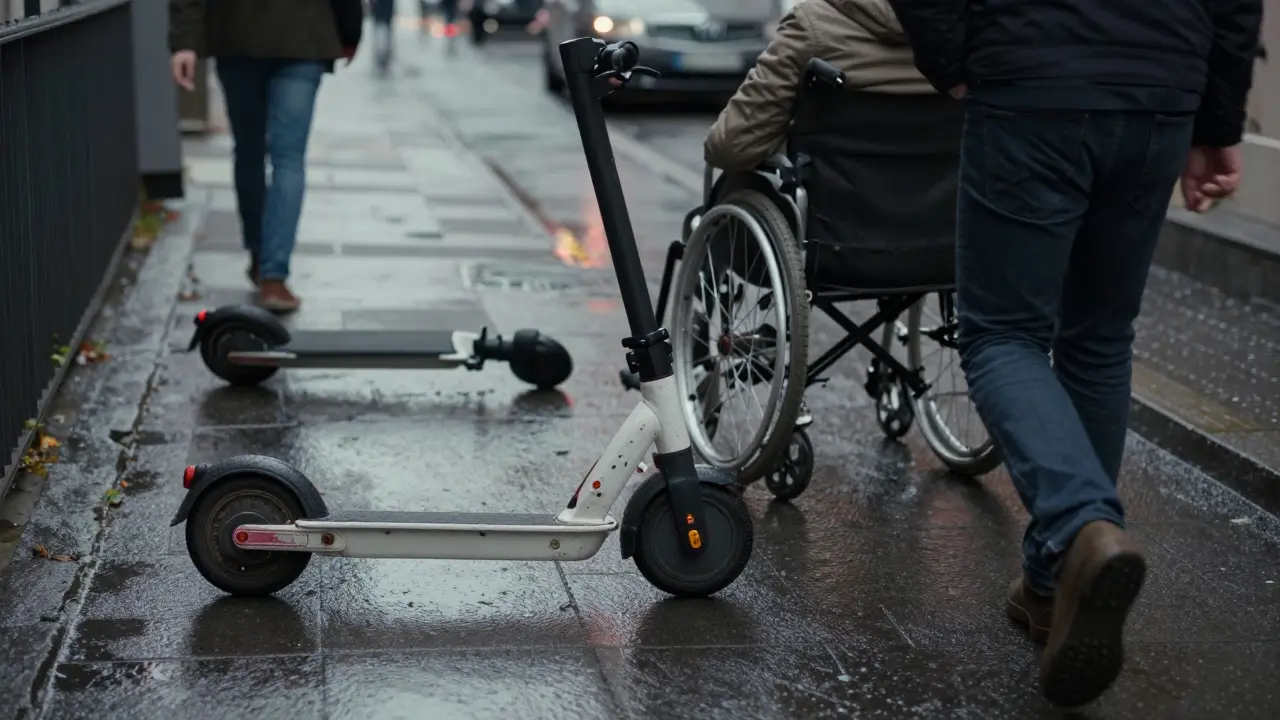 Elektroroller blockiert Gehweg und behindert Rollstuhlfahrer