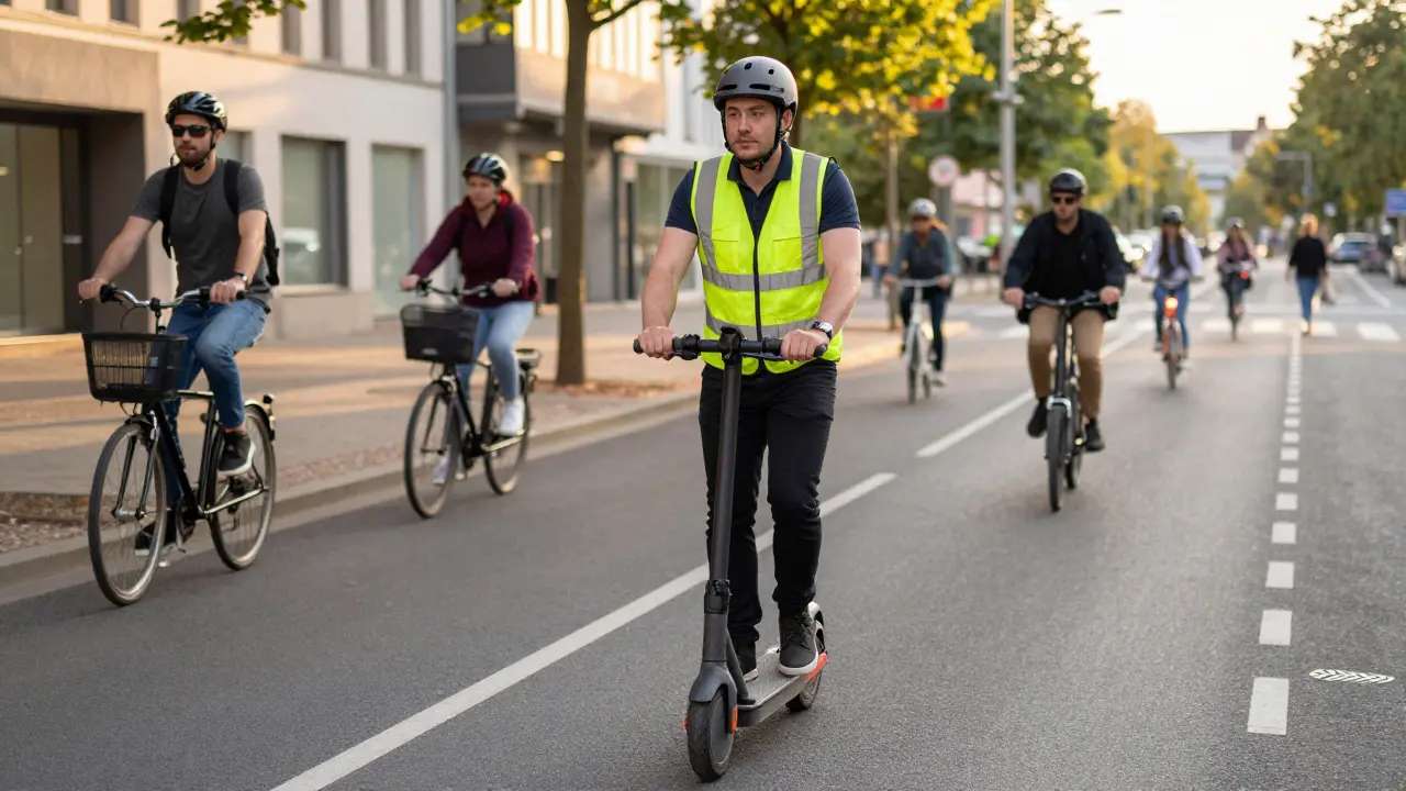 Fahrradfahrer mit Helm auf dem Radweg bei Sonnenuntergang