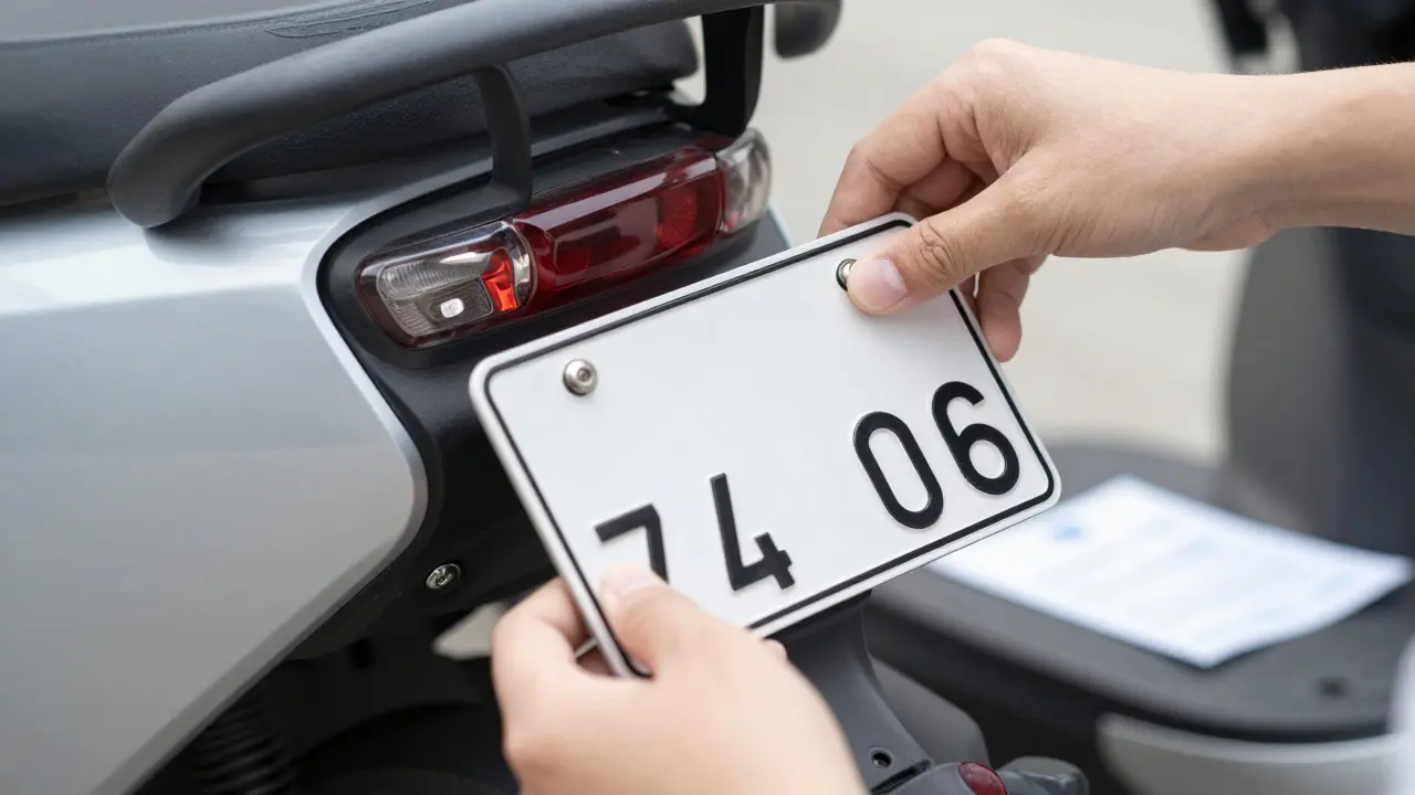 Hand befestigt ein Kennzeichen am Heck eines Elektrorollers