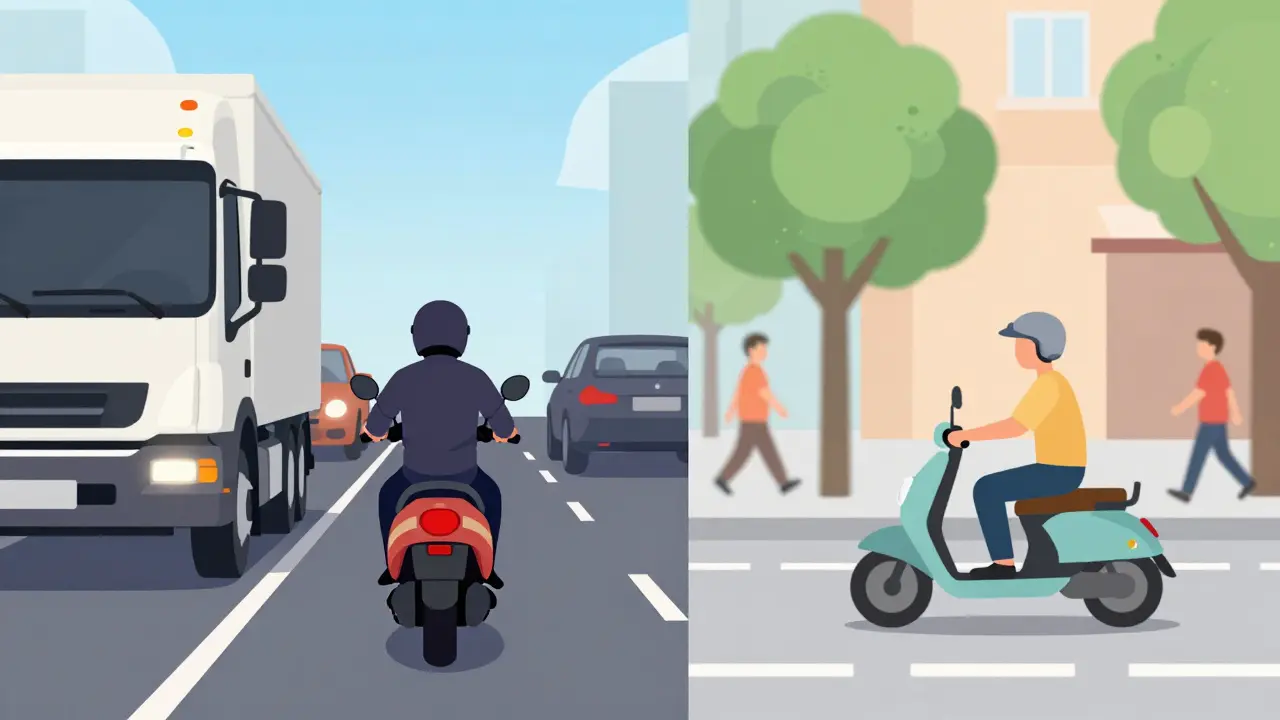 Illustration defensiven Fahrens: Motorradfahrer hält Abstand und ist im Verkehr sichtbar