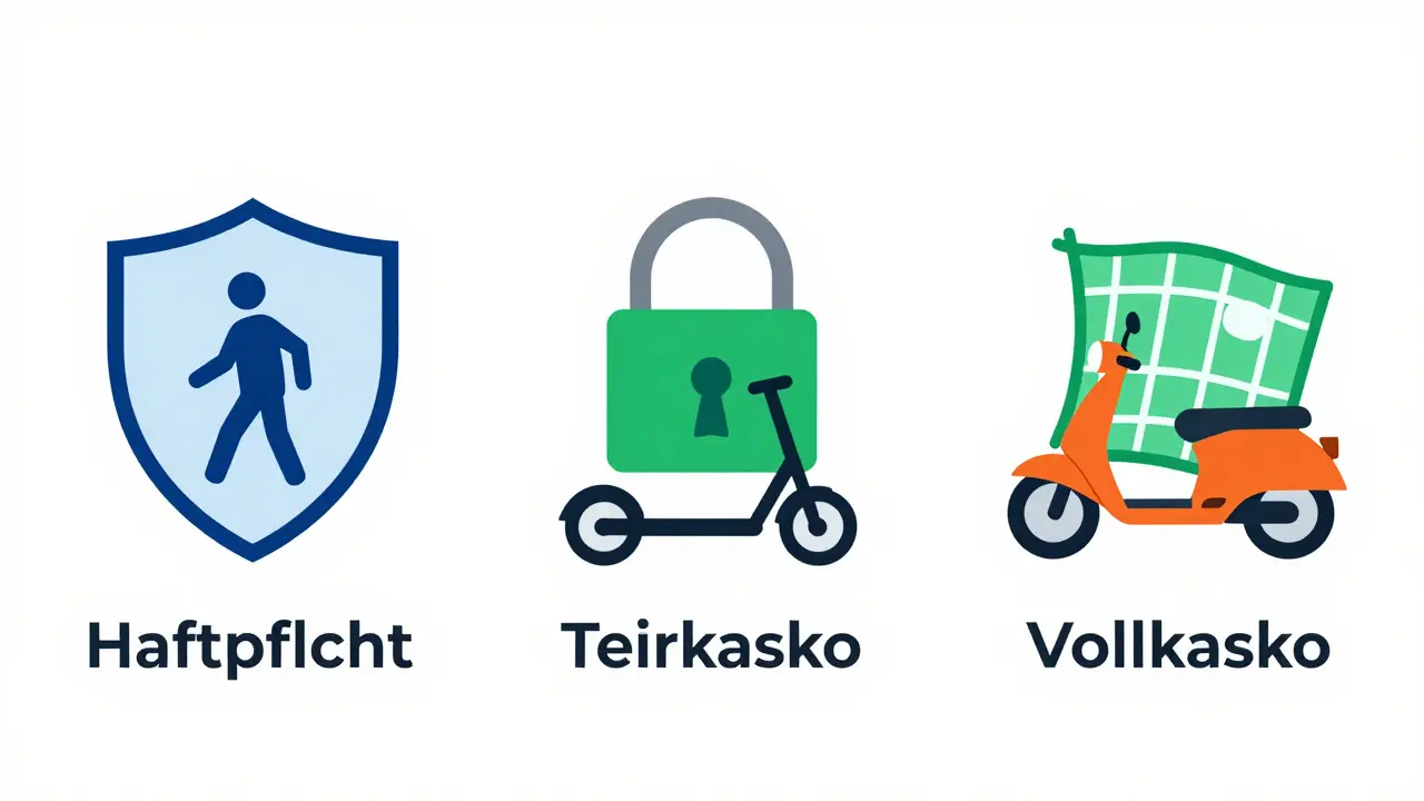 Illustration der drei E-Roller-Versicherungstarife: Haftpflicht, Teilkasko, Vollkasko