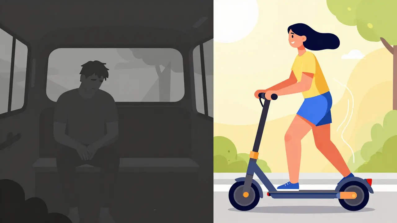 Kontrast zwischen passivem Autofahren und aktivem E-Scooter-Fahren