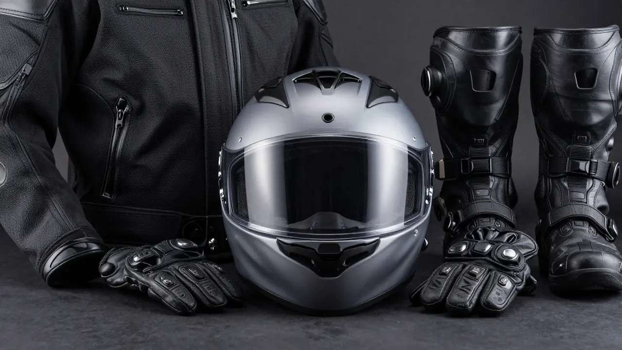 Moderner Motorradhelm und Schutzausrüstung wie Jacke und Handschuhe im Detail