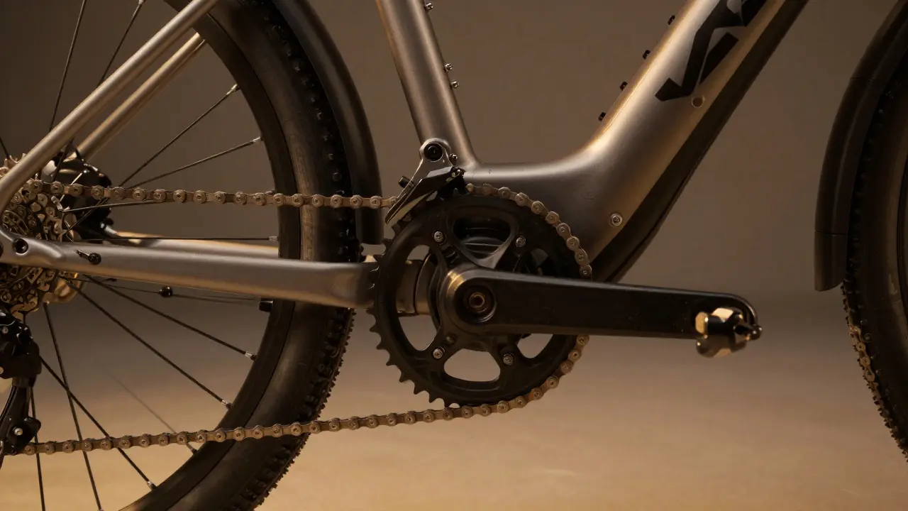 Nahaufnahme eines E-Bike-Mittelmotors am Tretlager